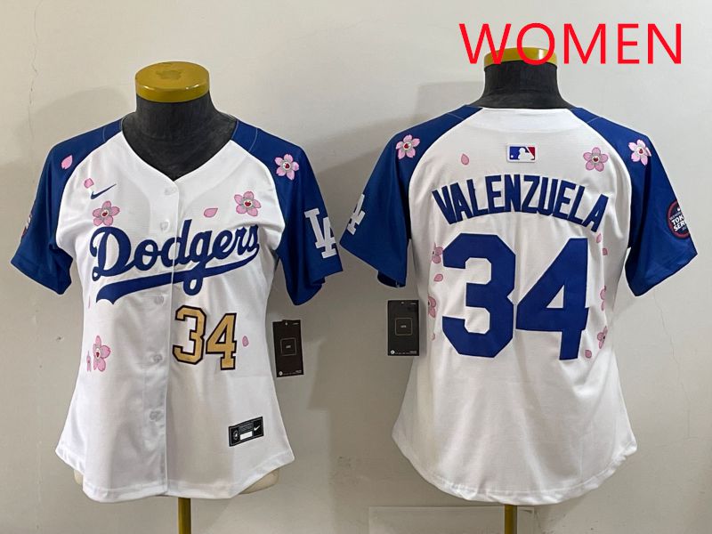 Women Los Angeles Dodgers 34 Valenzuela White Blue Sakura Edition 2025 Nike MLB Jersey style 33